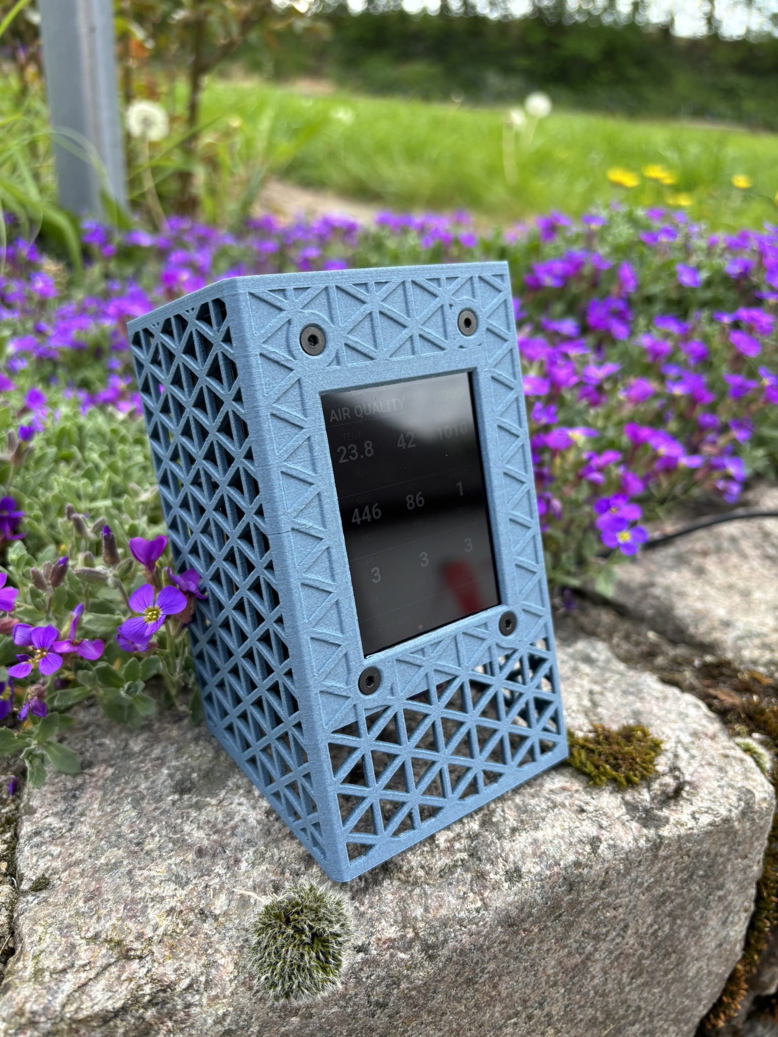 Airnode enclosure with front display and side ventilation.
