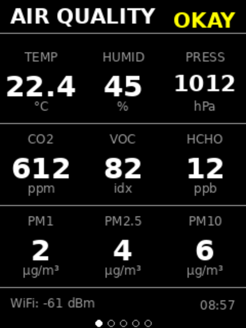 Airnode TFT overview screen showing live air quality readings.